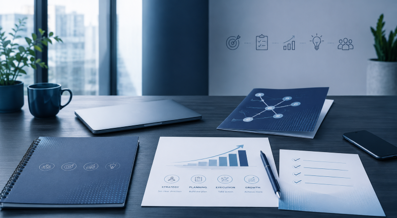 Mortgage Broker Business Growth guide with strategy, planning and progress icons on a modern blue office desk.
