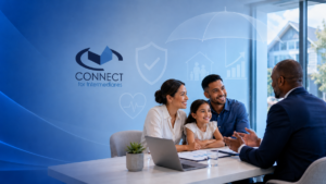 Protecting Your Clients’ Financial Future hero image showing a diverse family meeting with a financial adviser in a modern office, with the Connect for Intermediaries logo on the back wall and subtle protection icons including an umbrella, shield, family, health and growth symbols.
