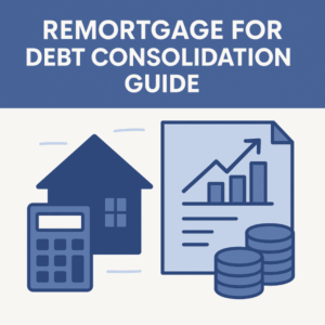 Illustration showing a house, calculator, financial chart, and stacked coins in blue branding colours, representing a remortgage for debt consolidation guide without displaying any currency symbols.