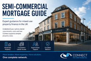Semi-Commercial Mortgage Guide UK hero image showing a mixed-use property with commercial premises and residential flats, highlighting lender access, broker support and Connect for Intermediaries as one complete network.