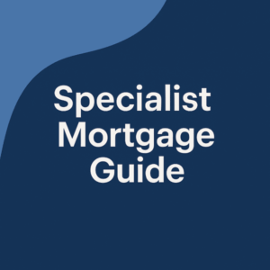 A minimalist 600x600 graphic with the words “Specialist Mortgage Guide” in bold white text centered on a deep navy background. A smooth curved accent in soft blue flows from the top left corner,