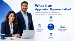 What Is an Appointed Representative hero image showing two professional advisers with icons for FCA oversight, compliance and governance, network support, lender access, and technology and case management.