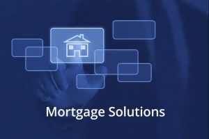 Blue digital graphic showing a hand reaching forward to select a glowing house icon within connected interface panels. The text “Mortgage Solutions” appears at the bottom in white, set against a dark-to-light blue gradient background.