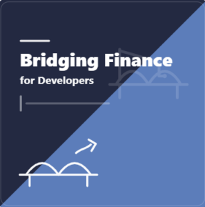 Branded square graphic (600×600) in dark and light blue with white text reading “Bridging Finance for Developers”, featuring a simple bridge and upward arrow icon to represent fast funding and progress.