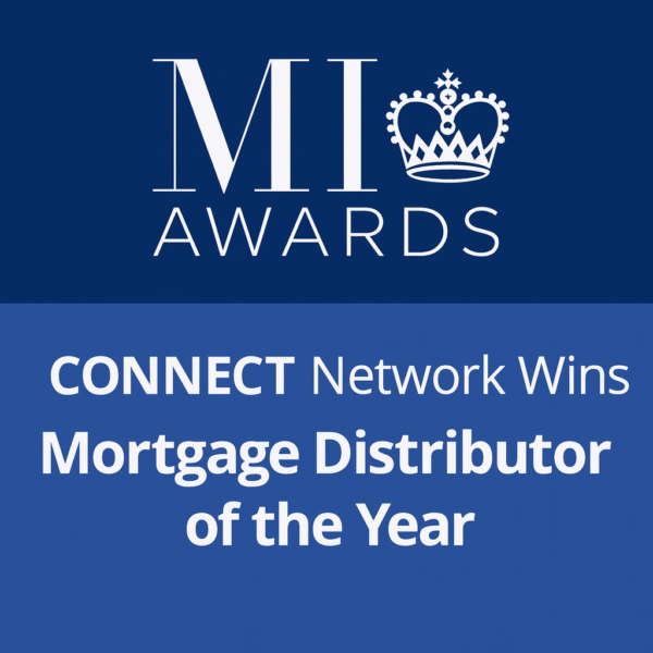 Square 600×600 graphic in two-tone blue with the MI Awards logo (white “MI AWARDS” text and crown) centred in the top section, and large white Open Sans-style headline below reading “CONNECT Network Wins | Mortgage Distributor of the Year