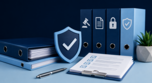 Compliance Focused Mortgage Network hero image showing a modern blue-toned compliance workspace with folders, checklist paperwork, a pen, and a shield icon, representing secure, professional mortgage network compliance support.