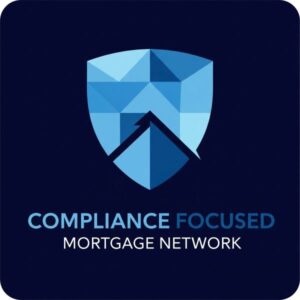 Square graphic on a dark navy background with rounded corners. In the centre is a stylised blue shield made of geometric panels, with an upward arrow shape inside it. Below, large text reads “COMPLIANCE FOCUSED” in light and dark blue, and smaller white text underneath reads “MORTGAGE NETWORK".