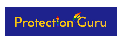 Protection Guru logo displayed on a dark blue background, with the words “Protection Guru” in yellow text and a multicoloured upward arrow motif incorporated into the lettering.