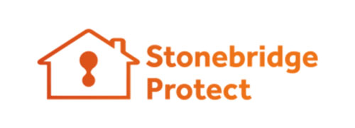 Stonebridge Protect logo showing an orange house outline with a keyhole symbol inside, alongside the words “Stonebridge Protect” in orange text on a white background.