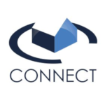 Connect logo showing a stylised blue house roof within a circular swoosh above the word “CONNECT” in dark blue on a white background.