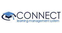 Connect Learning Management System logo featuring a stylised blue graduation cap and circular swoosh icon, with the word “CONNECT” in dark blue and the text “learning management system” beneath in lighter blue on a white background.