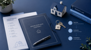 Conveyancing Guide showing a house purchase contract, property checklist, keys and the key stages of searches, contracts and completion.