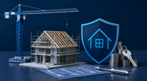 Development Exit Finance hero image showing a house under construction beside a crane, blueprint, coins, keys and a home protection shield in dark blue and light blue branded colours.
