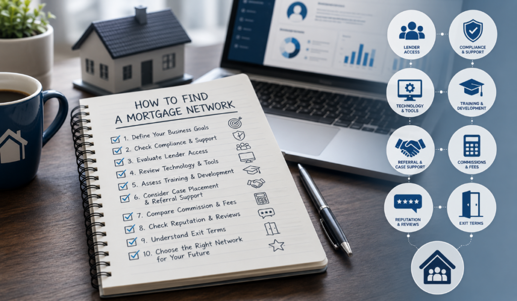 How to Find a Mortgage Network checklist for UK mortgage brokers, showing compliance, lender access, technology, training, referrals, reputation and exit terms.