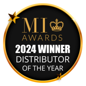 Circular black and gold badge displaying the text “MI Awards 2024 Winner – Distributor of the Year”, featuring a gold crown above the letters “MI” and small gold stars around the outer edge.