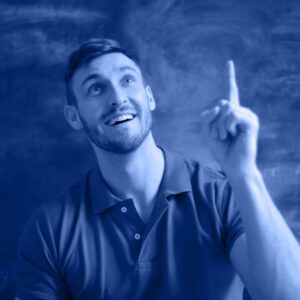 Blue-tinted image of a smiling man wearing a short-sleeved polo shirt, looking upward and pointing with his index finger, set against a textured background.