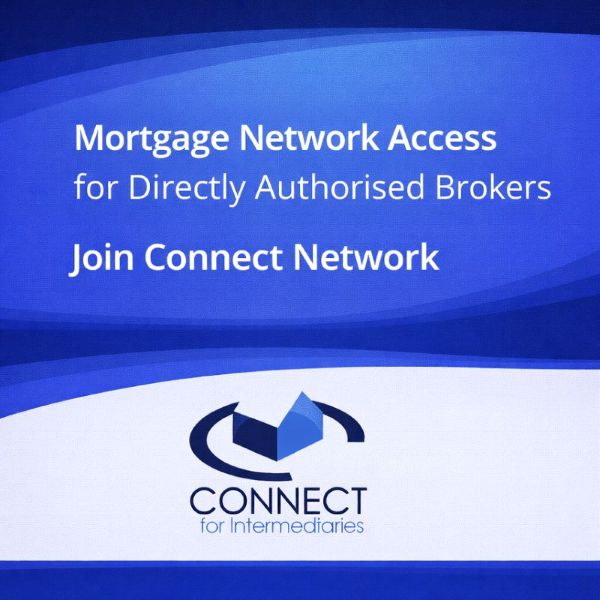 Square blue promotional graphic with a layered wave-style gradient background. Large white text reads “Mortgage Network Access for Directly Authorised Brokers” and “Join Connect Network”. At the bottom, a white curved panel contains the Connect for Intermediaries logo in its original blue and dark navy colours.