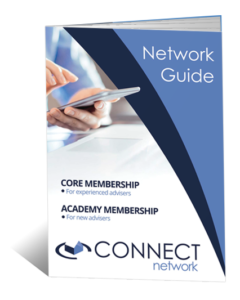 Booklet-style cover titled “Network Guide” with a blue and white design, showing a hand holding a tablet. Text highlights “Core Membership for experienced advisers” and “Academy Membership for new advisers”, with the Connect Network logo displayed at the bottom.