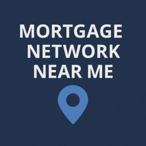 Square 600×600 graphic with a dark blue gradient background. Centered in large white, bold sans-serif uppercase text: “MORTGAGE” on the first line, “NETWORK” on the second, “NEAR ME” on the third. Below the text is a light blue location pin icon centered near the bottom.