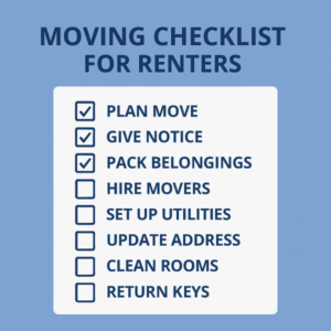 Square graphic titled “Moving Checklist for Renters” in blue tones, showing a large white checklist card with tick boxes and items: Plan move, Give notice, Pack belongings, Hire movers, Set up utilities, Update address, Clean rooms, Return keys.