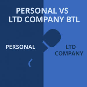 A square 600×600 graphic in two vertical halves: the left side is dark blue and the right side is light blue. At the top, large uppercase text reads “PERSONAL VS LTD COMPANY BTL” in a clean sans-serif style. In the centre, an interview microphone icon overlaps both halves diagonally. Near the lower left, the word “PERSONAL” appears in large uppercase letters; near the lower right, “LTD COMPANY” appears in large uppercase letters.