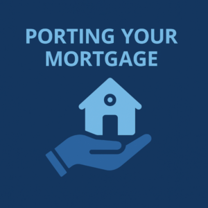Square 600x600 graphic in dark blue with the headline “PORTING YOUR MORTGAGE” in light blue at the top. Below the text, a light blue house icon sits above an outstretched hand icon, all in a clean, minimalist style using only two blue tones.