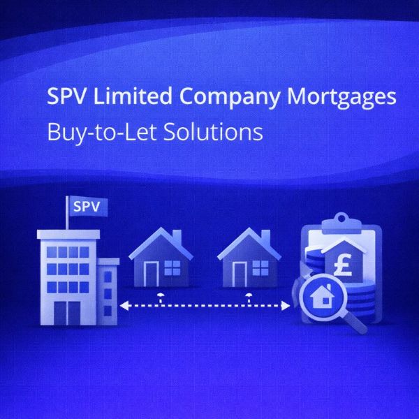 Square blue graphic with a wave-style gradient background. Large white text reads “SPV Limited Company Mortgages” with “Buy-to-Let Solutions” underneath. Along the bottom are simple icons showing an office building with an “SPV” flag, two houses, and a clipboard with a house and pound symbol plus a magnifying glass, representing company buy-to-let mortgage solutions.