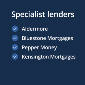 Square graphic with a dark navy-to-blue gradient background. Large white heading at the top reads “Specialist lenders”. Below, four rows show a light-blue circular check icon on the left and the lender names in white on the right: “Aldermore”, “Bluestone Mortgages”, “Pepper Money”, and “Kensington Mortgages”. Clean, modern layout with generous spacing and no currency symbols.
