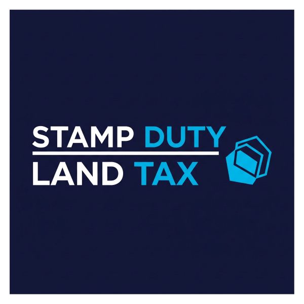 Dark navy square graphic with large text reading “STAMP DUTY” on the top line and “LAND TAX” below, separated by a thin white line. “STAMP” and “LAND” are in white, while “DUTY” and “TAX” are in light blue. A geometric blue stamp-style icon appears on the right.