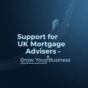 Square dark blue graphic with centered light blue text reading ‘Support for UK Mortgage Advisers -’ and a second line ‘Grow Your Business’ with a thin underline and a small upward arrow. In the top-right corner, several curved line arrows sweep upward, suggesting growth and momentum, with a small abstract building icon near the arrow paths.