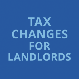 Square 600×600 graphic with a solid dark blue background (#5b7dbc) and centered, uppercase light blue text (#232942) in Open Sans reading “TAX CHANGES FOR LANDLORDS” across four lines.