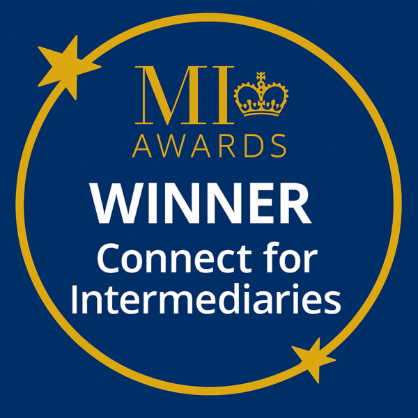 Square 600×600 MI Awards winner badge on a dark blue background with a gold circular border and star accents, “MI AWARDS” and crown icon at the top, large white “WINNER” in the centre, and white text “Connect for Intermediaries” beneath;