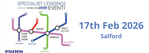 Specialist Lending Event 2026 promotional banner showing rail style map graphic with event date 17th February 2026 in Salford and hashtag TSLE2026