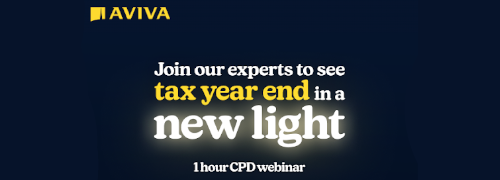 Tax Year-End Planning Webinar | A dark blue promotional banner with the Aviva logo at the top. White and yellow text reads “Join our experts to see tax year end in a new light,” with smaller text underneath stating “1 hour CPD webinar.”