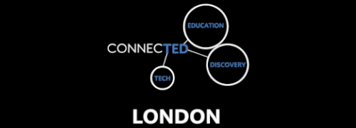 Black background graphic displaying the ConnectED network design with three interconnected circles labelled Education, Discovery, and Tech above the word London in bold white text. This represents ConnecTED Tours London 2026