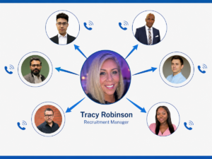 Tracy Robinson, Business Recruitment Manager, shown at the centre of a professional adviser network graphic with connected mortgage brokers and phone icons around her.