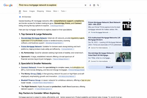 A stylised Google search results page for “Find me a mortgage network to explore,” with key phrases highlighted. The results list major UK mortgage networks, including Stonebridge, Primis, HL Partnership, Openwork, and Connect Network, with Connect shown under specialist and smaller networks. A panel on the right displays related network listings and logos. A Mortgage Network Worth Exploring