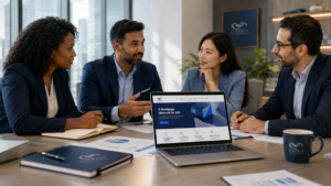 A Mortgage Network to Join: four multicultural business professionals meeting in a modern office around a table, with a laptop displaying the Connect page, alongside branded stationery and a mug.