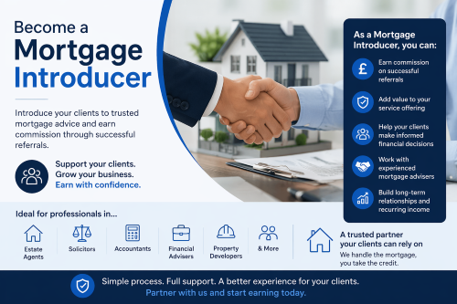 Promotional banner for becoming a mortgage introducer. The design uses blue and white branding with a large headline on the left and a photo of two professionals shaking hands in front of a model house on the right. A benefits panel highlights earning commission through referrals, adding value to client services, helping clients make informed financial decisions, working with experienced mortgage advisers, and building long-term relationships and recurring income. Icons along the bottom show sectors including estate agents, solicitors, accountants, financial advisers, and property developers. The overall message presents mortgage introducing as a professional partnership opportunity.