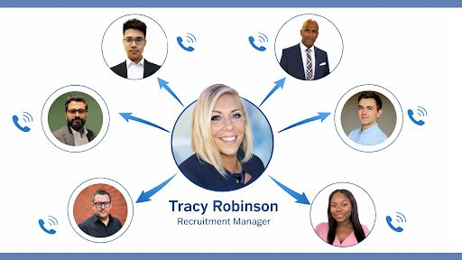 Graphic showing Tracy Robinson, Recruitment Manager, in a central circular photo with blue arrows pointing to six surrounding adviser headshots, each paired with a phone icon, illustrating her speaking with and supporting network members.
