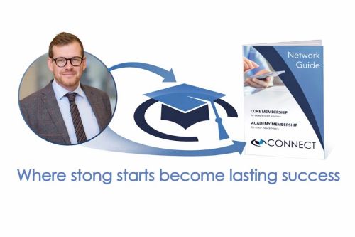 Marketing graphic showing a professional headshot beside a graduation cap icon and a Connect network guide, with the text: “Where strong starts become lasting success.” Director of Training