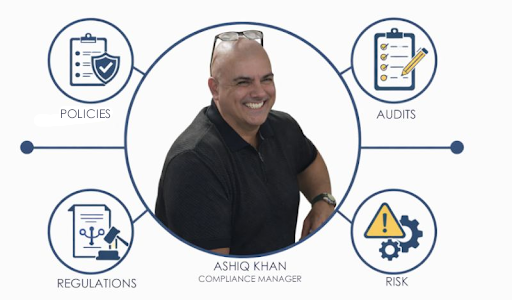 Circular profile graphic of Ashiq Khan, Compliance Manager, smiling in a central portrait, surrounded by four icons labelled Policies, Audits, Regulations, and Risk, connected by a horizontal line on a light grey background.