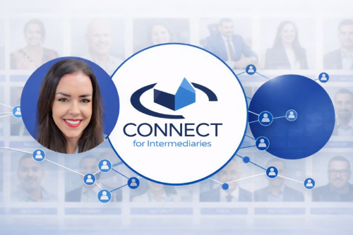 Promotional Connect for Intermediaries graphic featuring the company logo in a large central circle, a smiling woman’s headshot in a blue circle on the left, and connected user icons across a blurred background of team portraits. Head of Intermediary Relationships