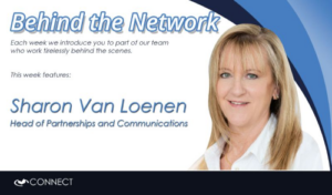 Behind the Network promotional graphic for Connect with visible text introducing Sharon Van Loenen, Head of Partnerships and Communications, alongside a professional headshot on the right.