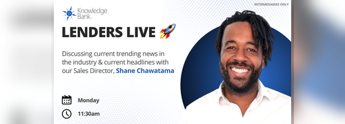 Knowledge Bank promotional banner featuring the headline “LENDERS LIVE” with a rocket emoji, text about discussing trending industry news and headlines with Sales Director Shane Chawatama, a smiling man pictured on the right, and the session time listed as Monday at 11:30am.