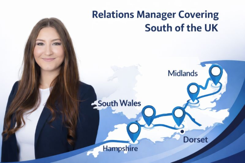 Promotional graphic showing a woman in business attire beside a stylised map of southern UK, with location markers highlighting Hampshire, Dorset, South Wales, and the Midlands under the heading “Relations Manager Covering South of the UK”.