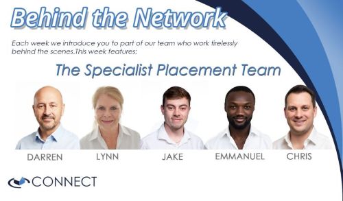 Banner graphic titled “Behind the Network” featuring the Connect Specialist Placement Team. The image shows five headshots in a row with the heading “The Specialist Placement Team” above them. The team members are labelled Darren, Lynn, Jake, Emmanuel and Chris, with the Connect logo in the bottom left and blue curved design elements framing the banner.