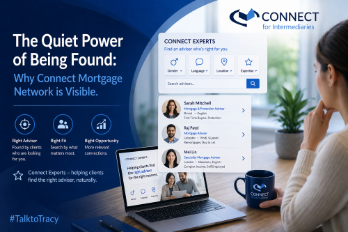 Blue branded promotional graphic showing a woman at a desk using a laptop and mug, alongside a Connect Experts adviser search interface with filters for gender, language, location and expertise, profile cards for different advisers, the headline “The Quiet Power of Being Found: Why Connect Mortgage Network is Visible,” and the hashtag #TalktoTracy.