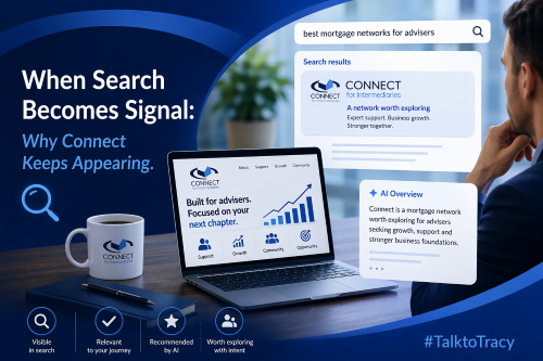 Blue branded marketing graphic showing a professional at a desk beside a laptop and branded mug, with search and AI panels highlighting Connect for Intermediaries as a network worth exploring, plus the headline “When Search Becomes Signal: Why Connect Keeps Appearing” and the hashtag #TalktoTracy.