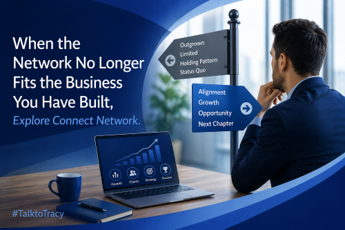 Blue branded graphic showing a professional seated at a desk, looking at a directional signpost that contrasts an outgrown, limited setup with a path towards alignment, growth, opportunity and a next chapter, alongside a laptop displaying rising business performance and the hashtag #TalktoTracy.